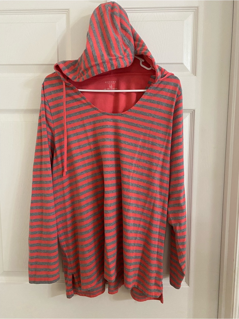 Sonoma Coral and Gray Striped Hooded Long Sleeve Top